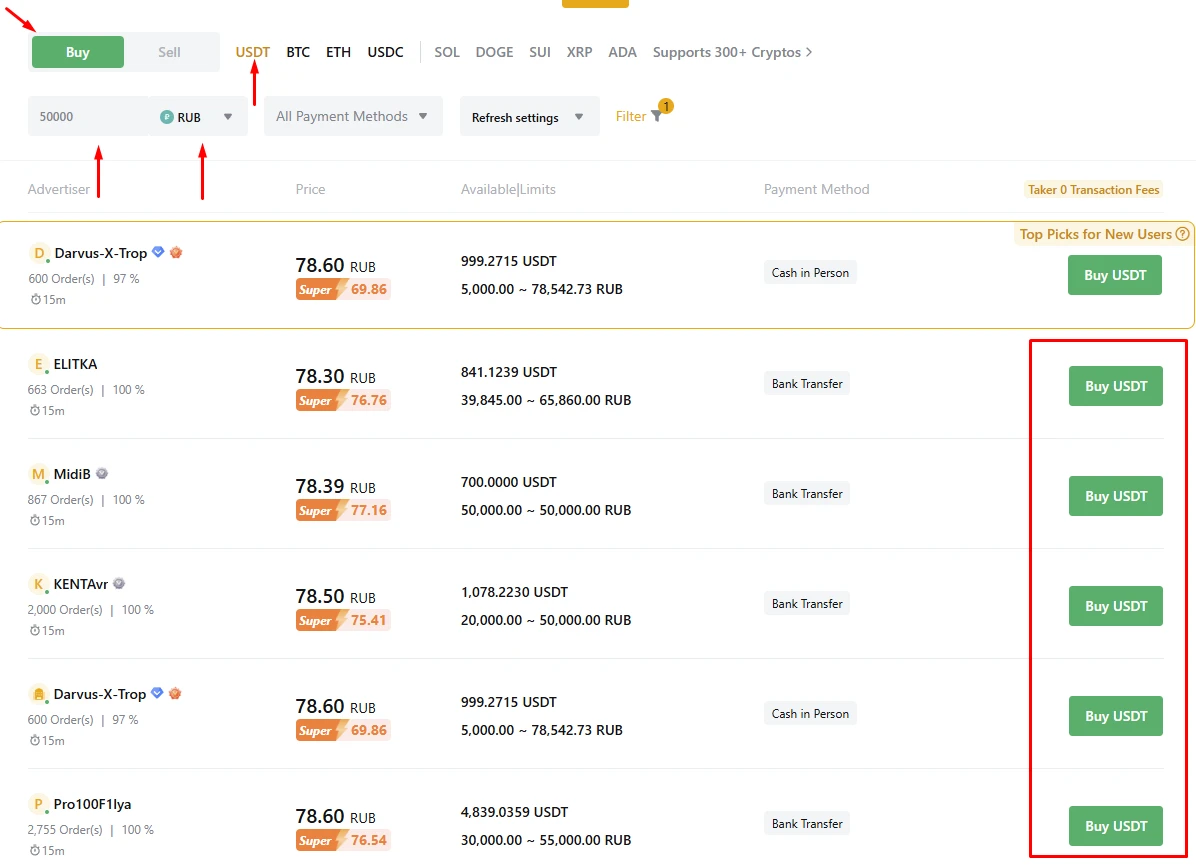 Параметры покупки на P2P