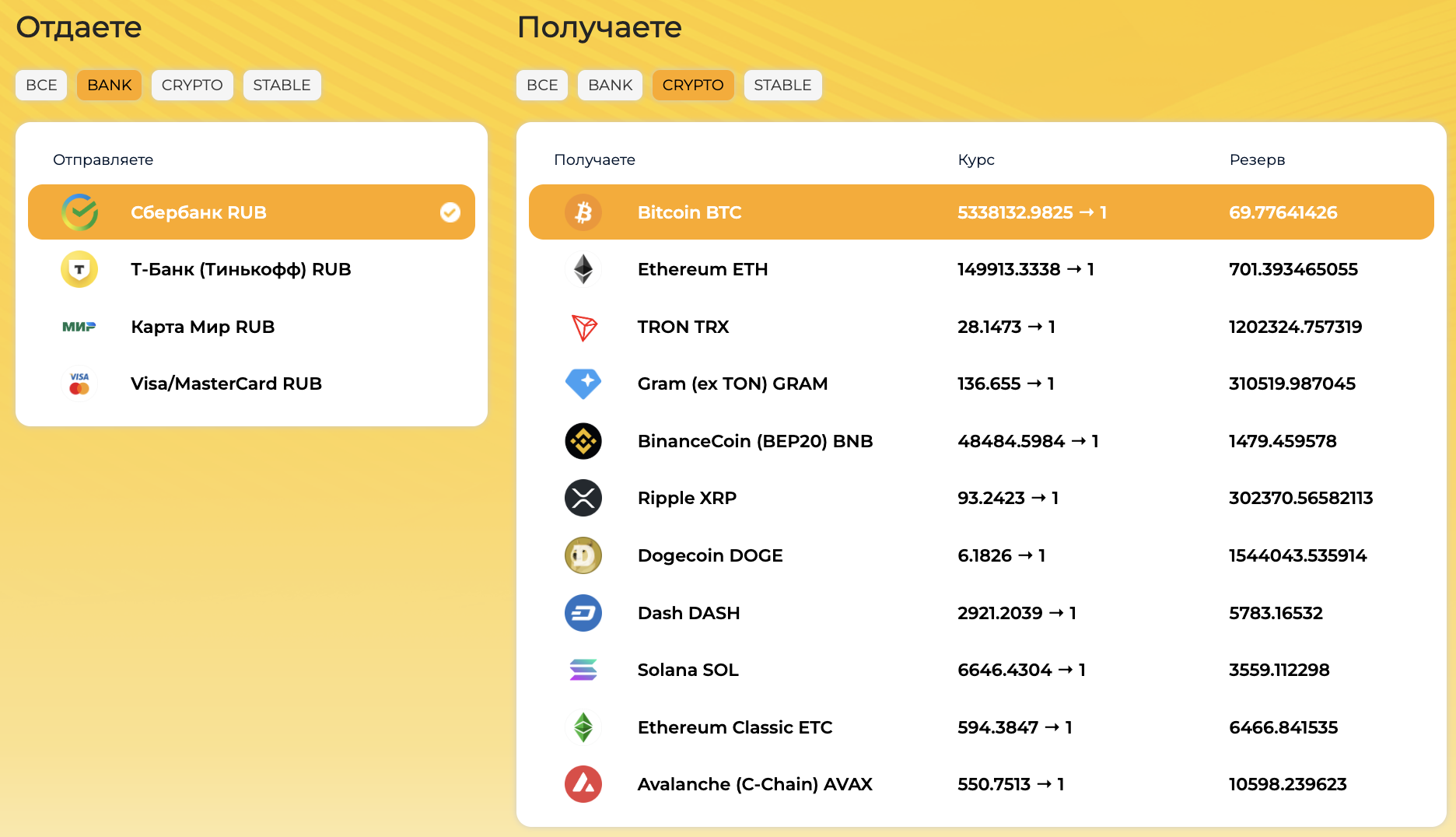 Выбор направления RUB в BTC на FloatChange