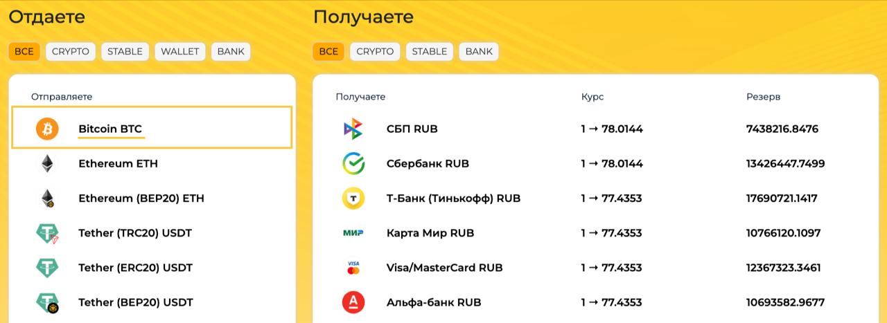 Пример: при обмене Bitcoin перевод выполняется в сети Bitcoin.