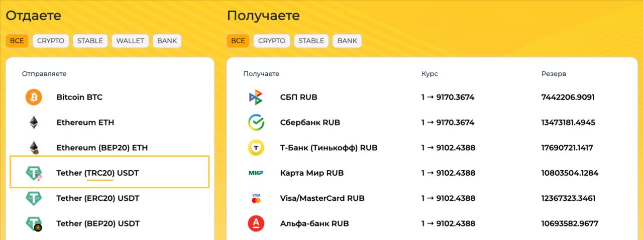 Пример: Tether (TRC-20) USDT означает, что отправку нужно делать в сети TRON (TRC20).