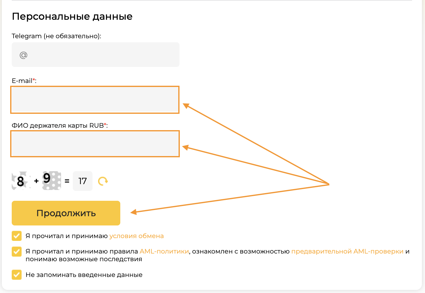 Заполнение email и ФИО держателя карты