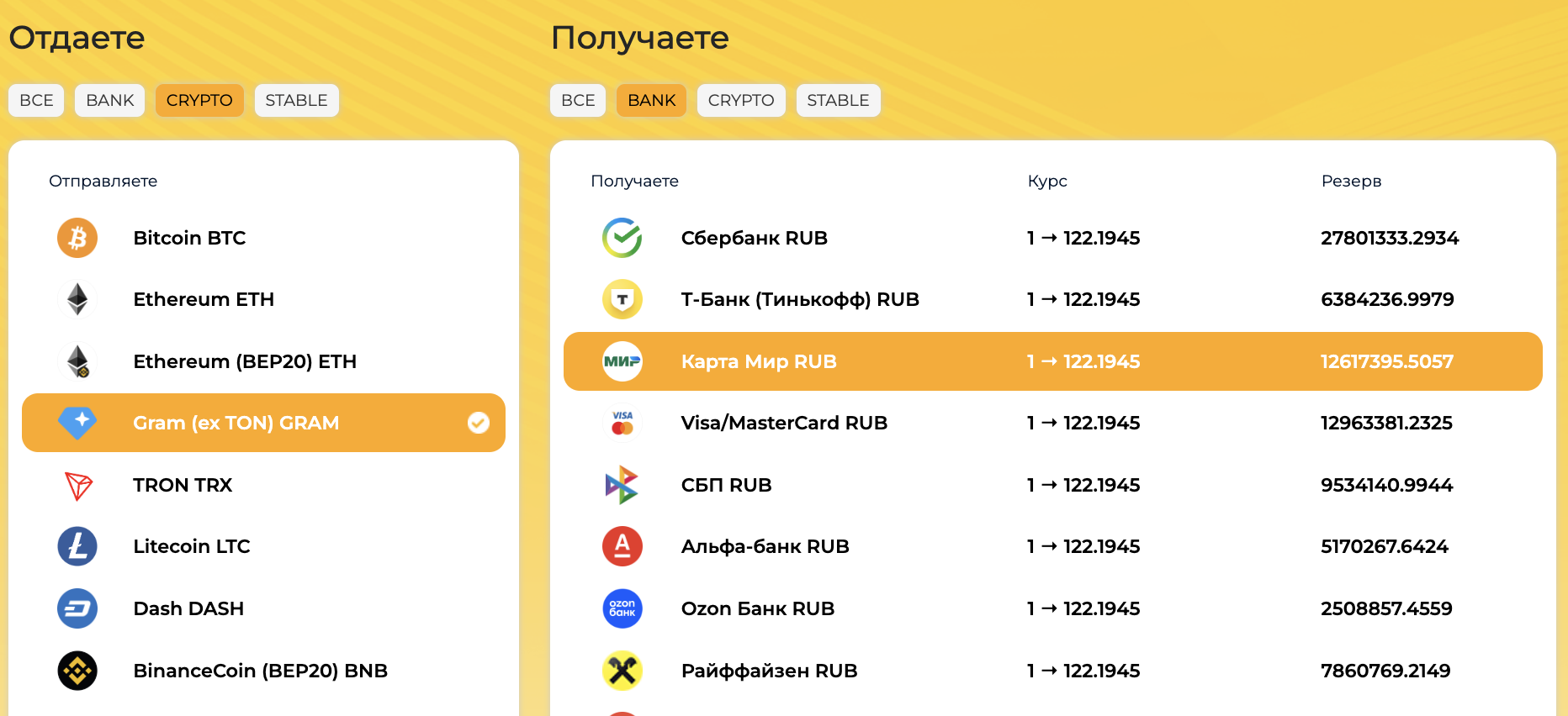 Выбор направления Gram в рубли на FloatChange