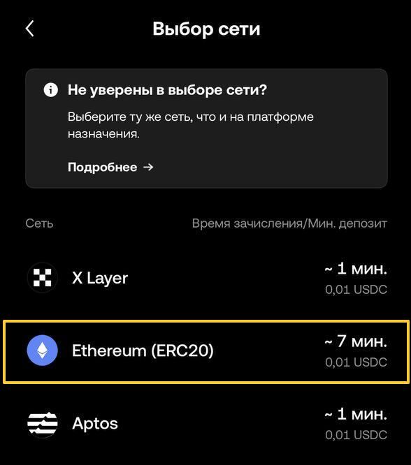 Выбор сети на бирже