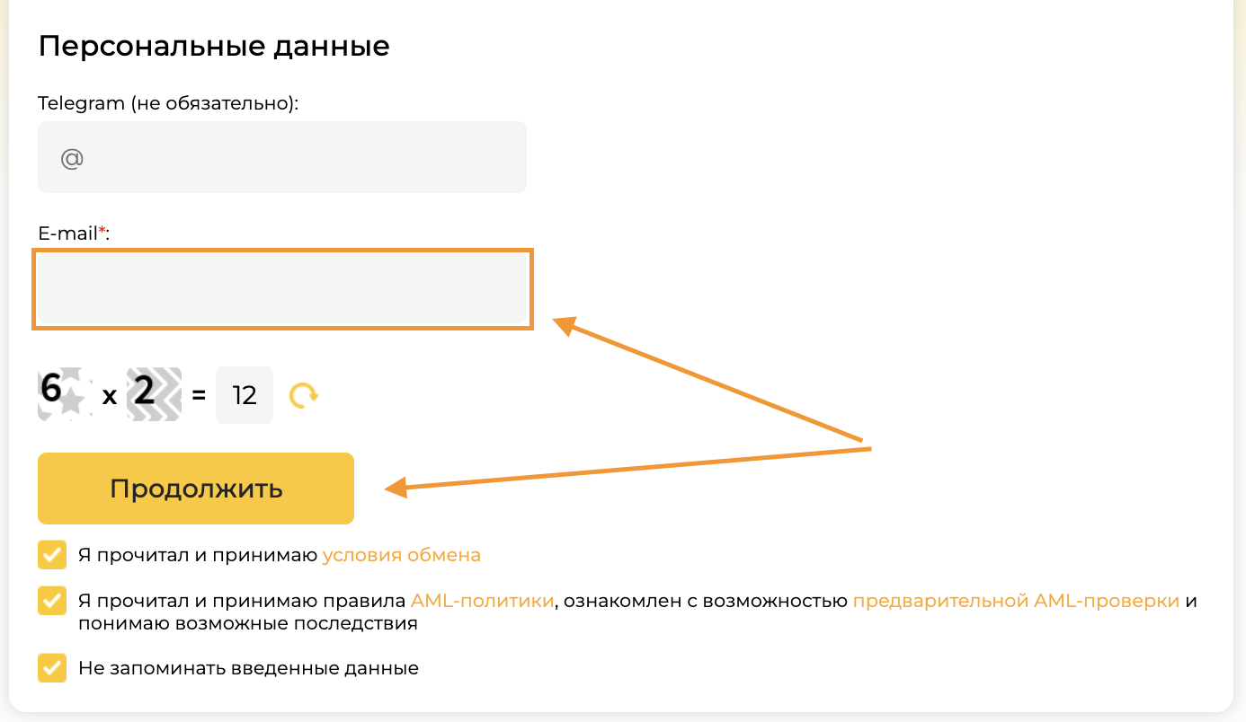 Ввод email и подтверждение правил при продаже Gram за рубли