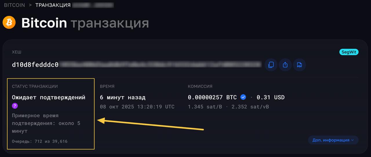 Пример проверки транзакции и количества подтверждений через обозреватель блокчейна